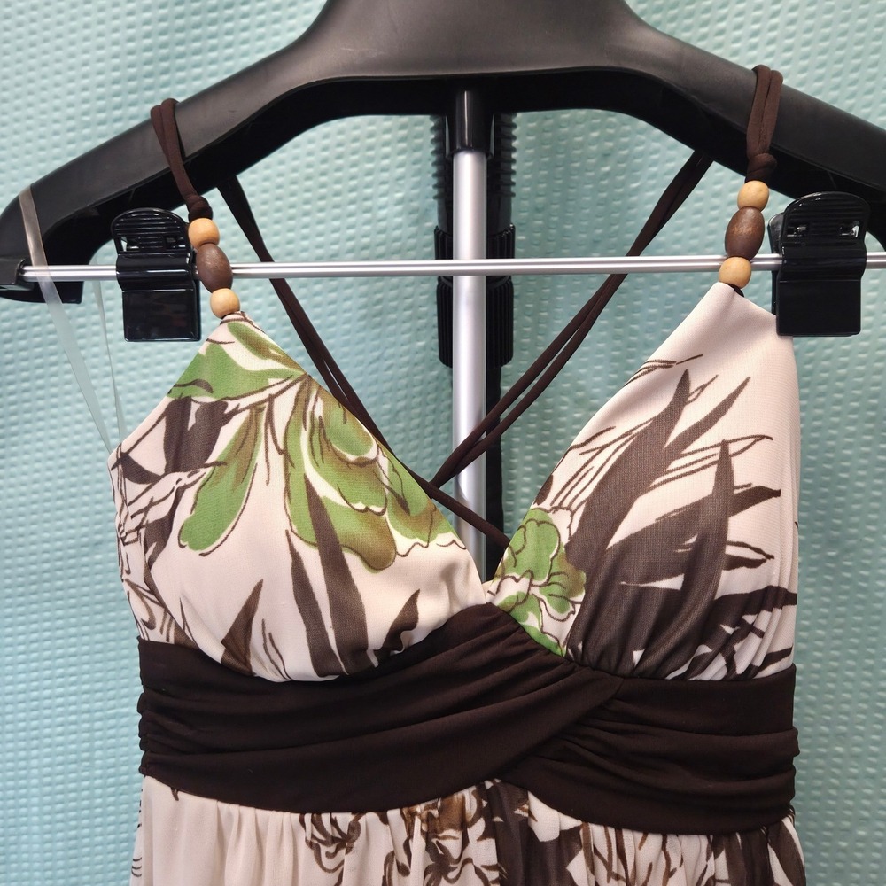 Floral Halter Dress Women‎ Small Brown Green Polyester Empire Waist Boho Beaded